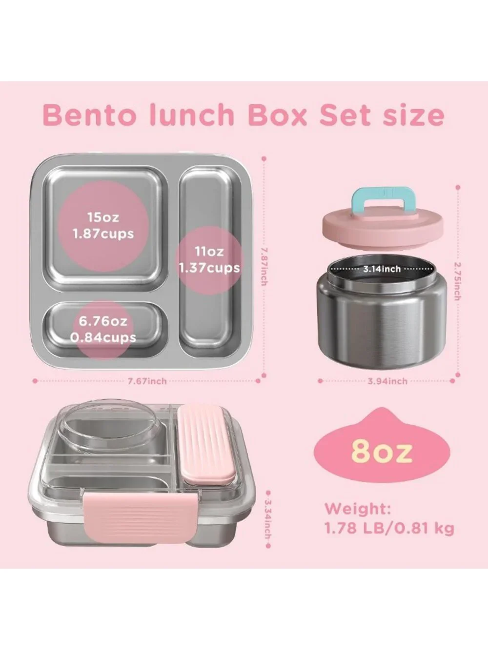 Insulated Stainless Steel Bento Box Set for Kids & Adults - 8oz Food Jar